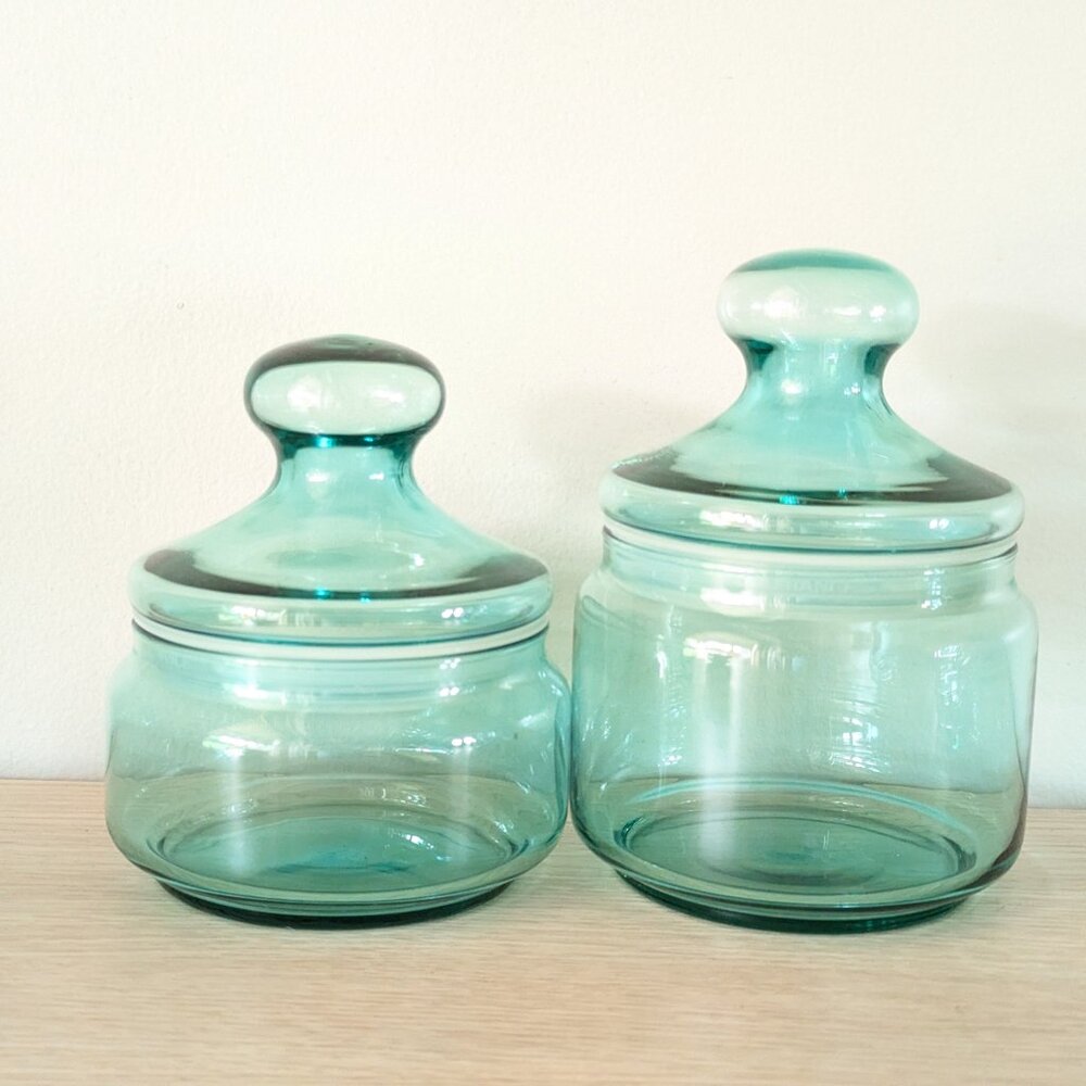 Vintage 2 LUMINARC aqua blue glass storage jars, Coastal FRENCH apothecary jars